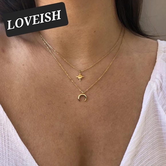 18K Gold Plated Moon Star Layered Necklace - Picture 1 of 11